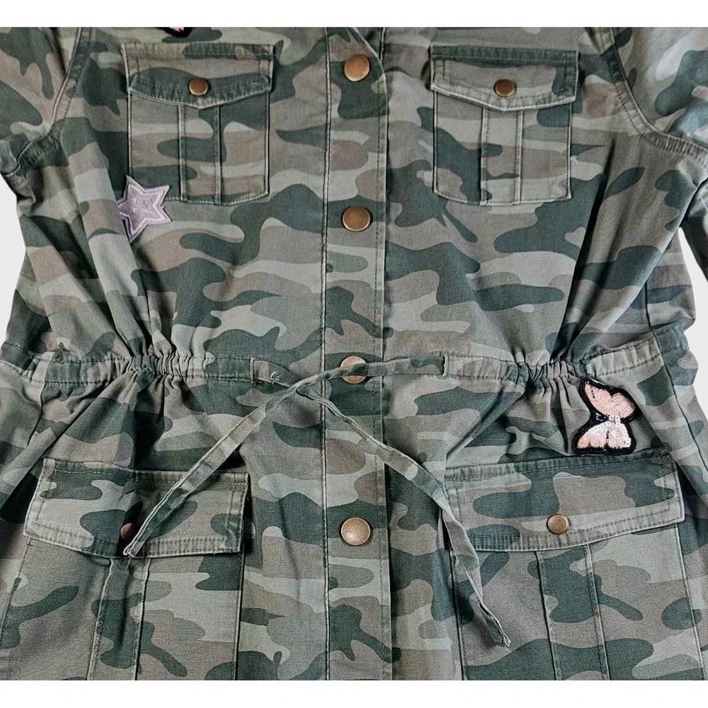 Justice Jacket Girls Size 16 / 18 Plus Camo Green Butterfly Star Patches Pockets